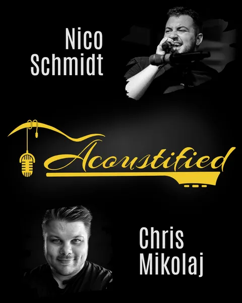 Acoustified: Nico Schmidt und Chris Mikolaj mit dem gelben Bandlogo auf schwarzem Hintergrund