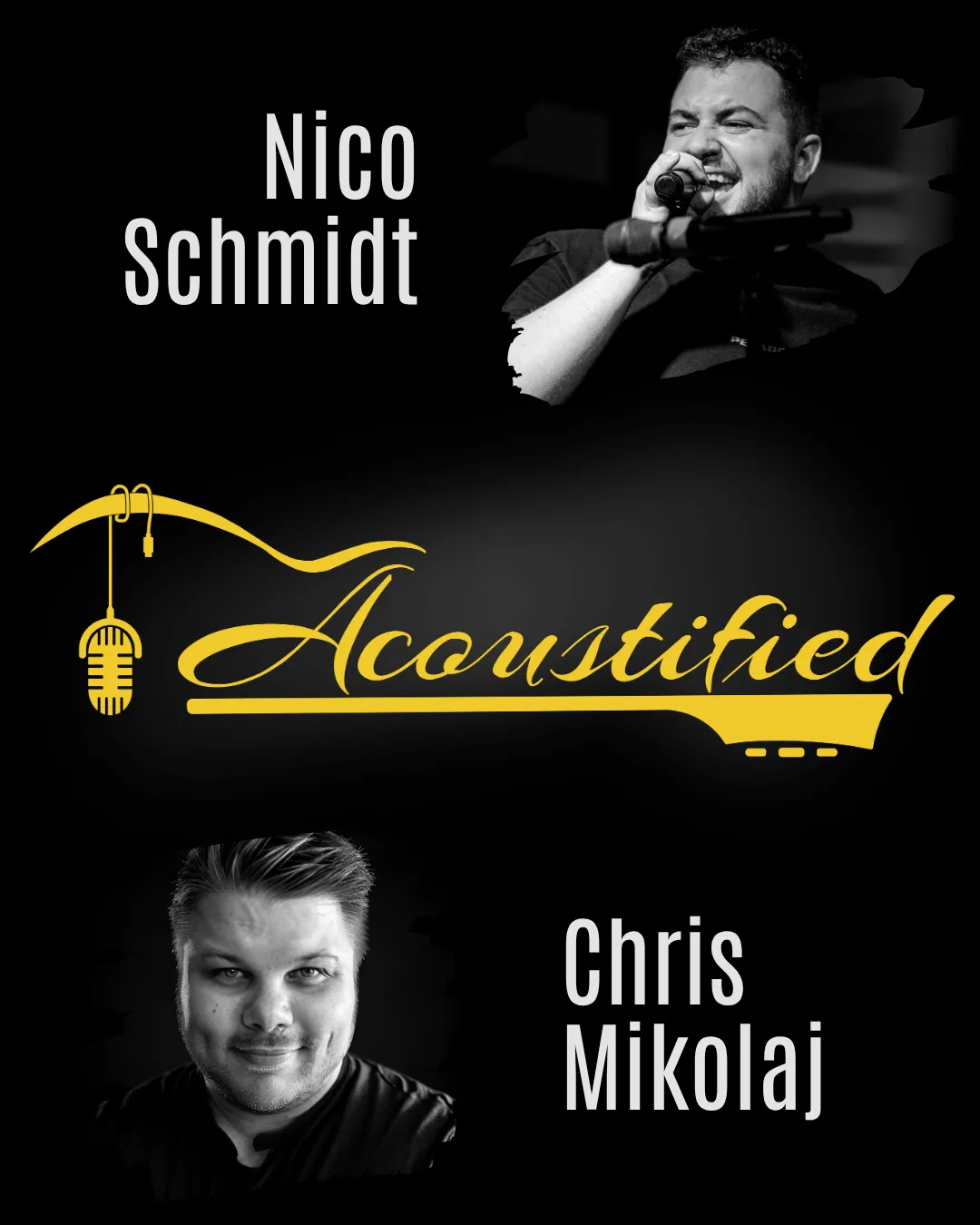 Acoustified: Nico Schmidt und Chris Mikolaj mit dem gelben Bandlogo auf schwarzem Hintergrund