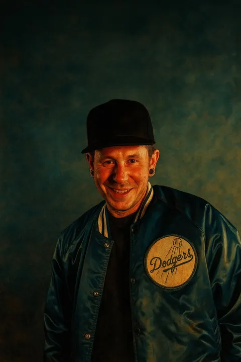 DJ Dow mit schwarzer Cap und blauer Dodgers-College-Jacke, lachend vor dunkel gemustertem Studiohintergrund