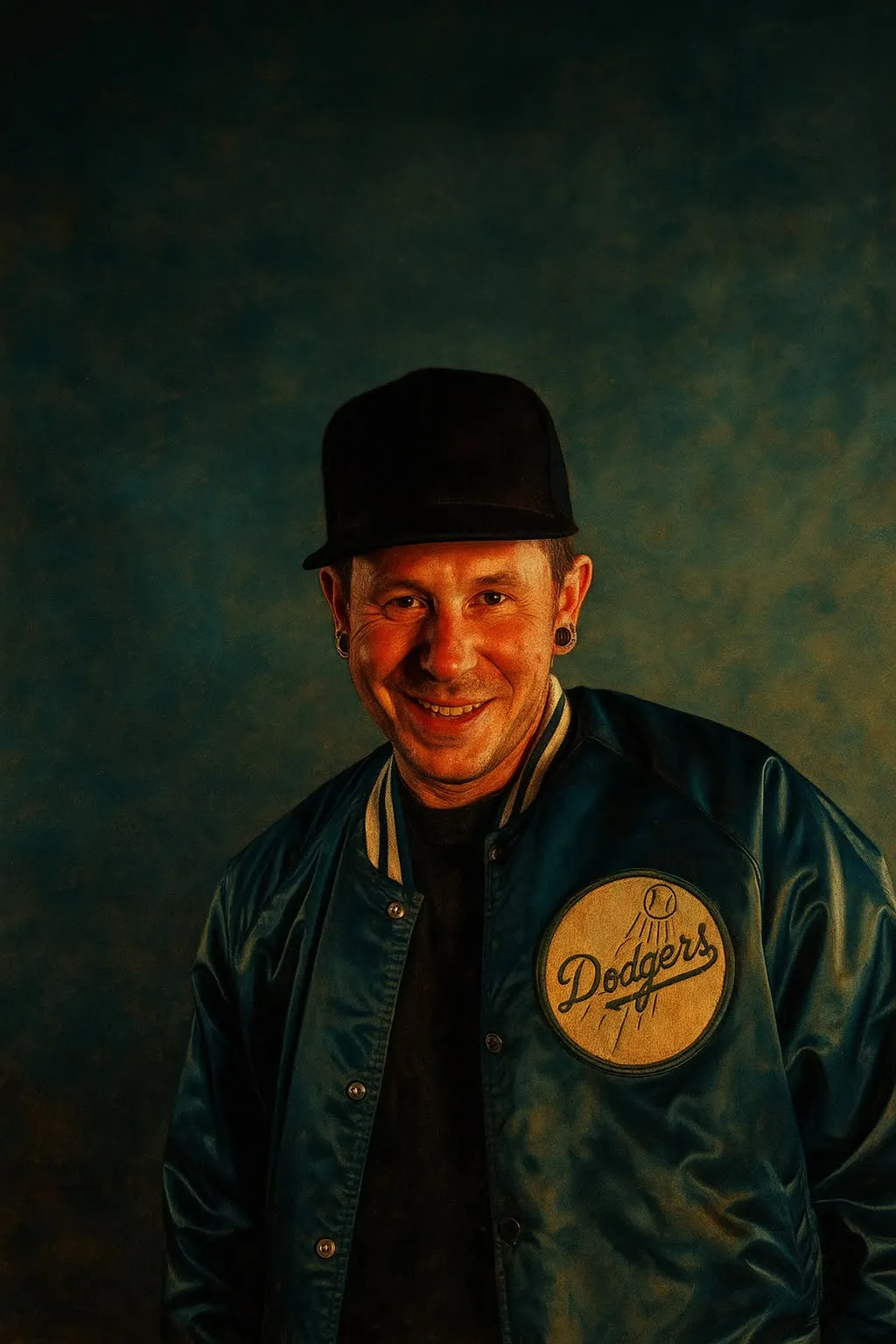 DJ Dow mit schwarzer Cap und blauer Dodgers-College-Jacke, lachend vor dunkel gemustertem Studiohintergrund