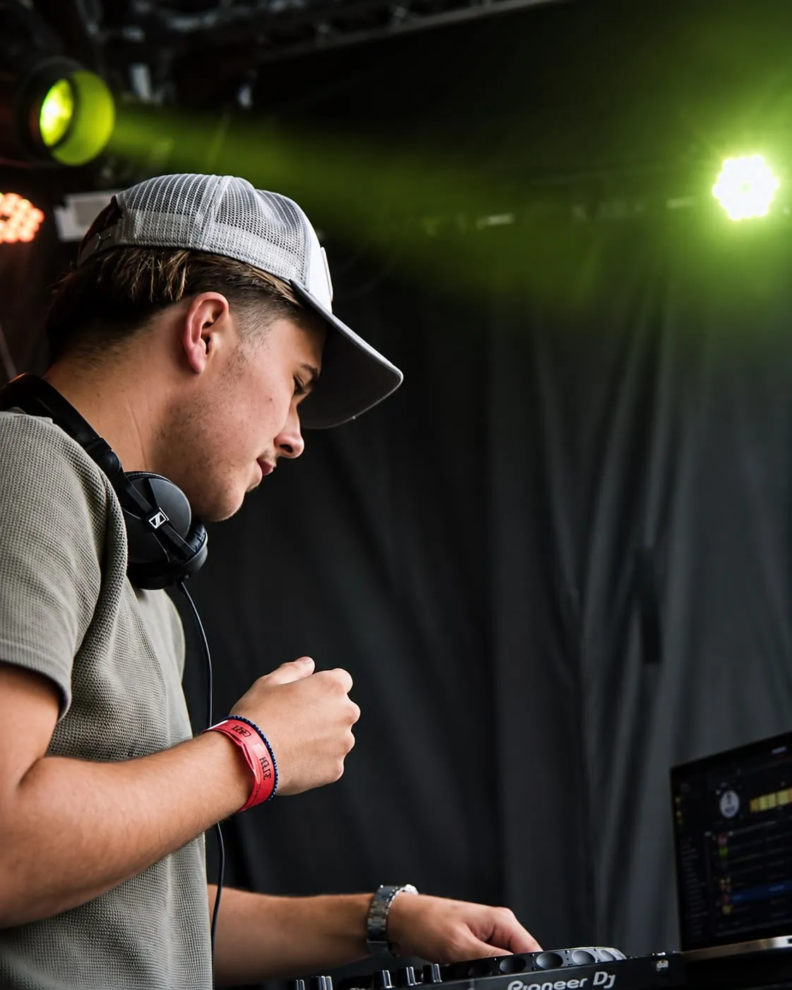 DJ Luxaro mit Basecap und Kopfhörern um den Hals am DJ-Pult, im Hintergrund grünes Bühnenlicht