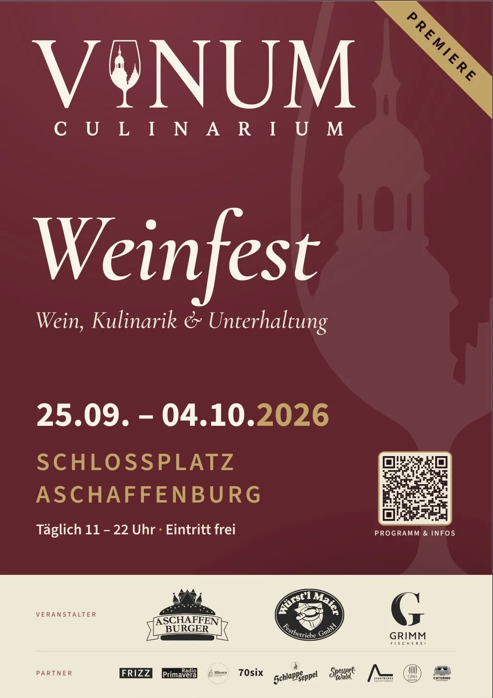 Plakat des Vinum Culinarium 2026: Wortmarke, Weinfest, 25.09. bis 04.10.2026, Schlossplatz Aschaffenburg, Veranstalter- und Partnerlogos