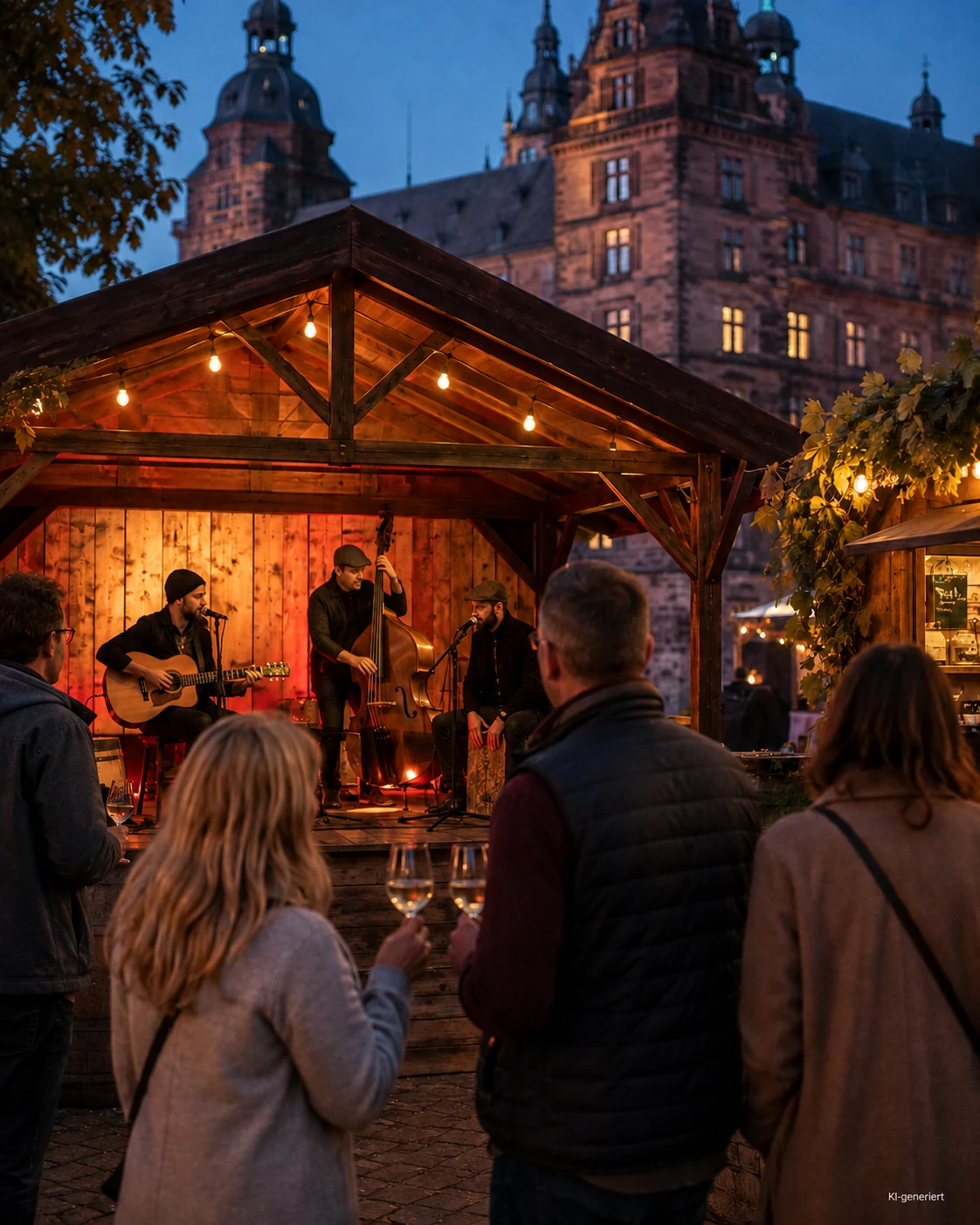 Illustrative Szene mit kleiner Musikbühne und Publikum vor dem Schloss (KI-generiertes Symbolbild · keine Programmabbildung)