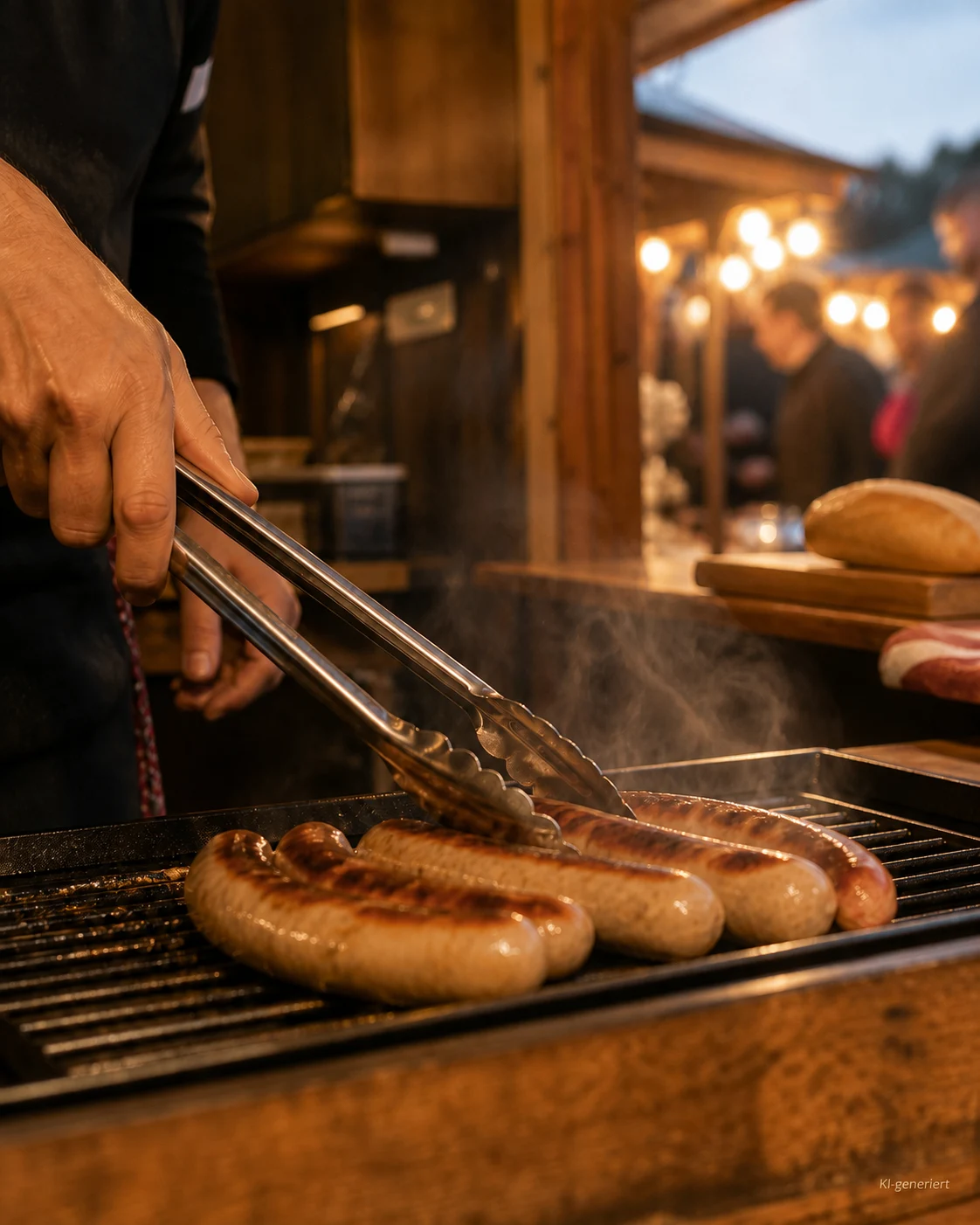 Hände wenden Bratwürste mit einer Zange auf einem Grill (KI-generiertes Symbolbild)