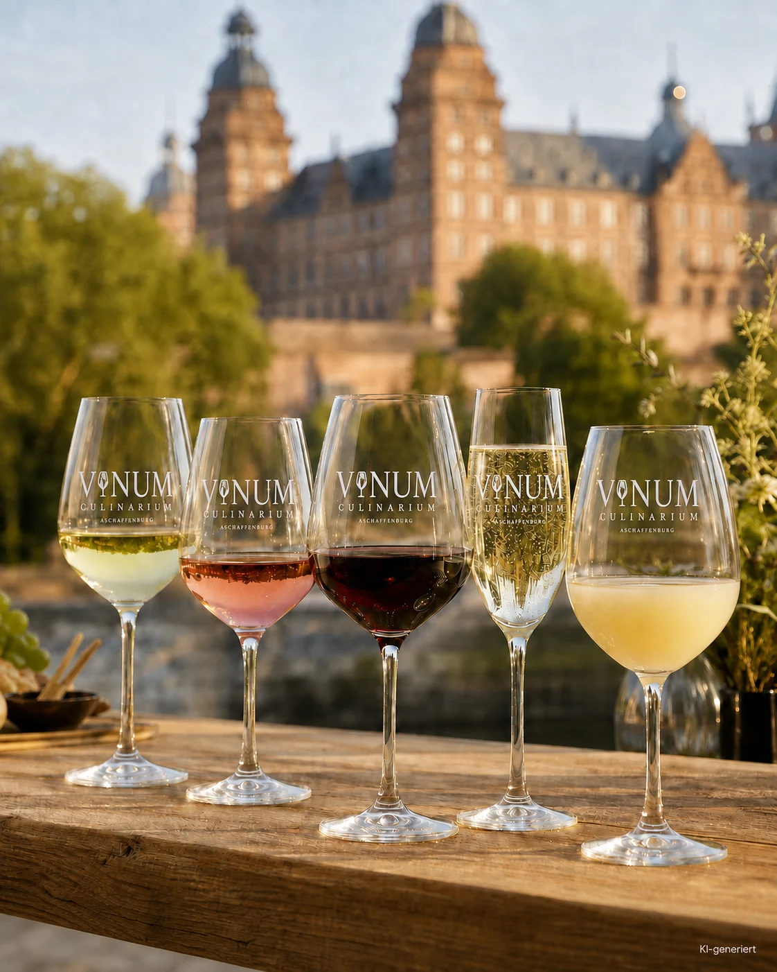 Fünf Gläser mit heller Vinum-Culinarium-Lasergravur, Weißwein, Rosé, Rotwein, Sekt und Federweißer vor dem Schloss (KI-generiertes Symbolbild · Glasentwurf)